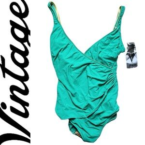 Sirena Vintage Teal Gold One Piece Swimsuit Made In USA Size 14 New With Tags